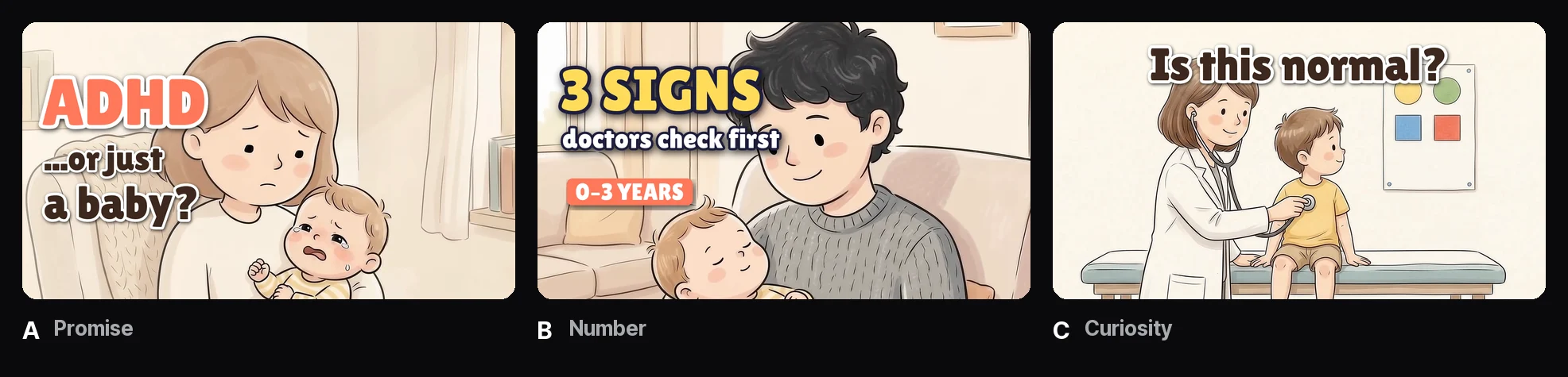 Parenting channel — three questions in calm illustration