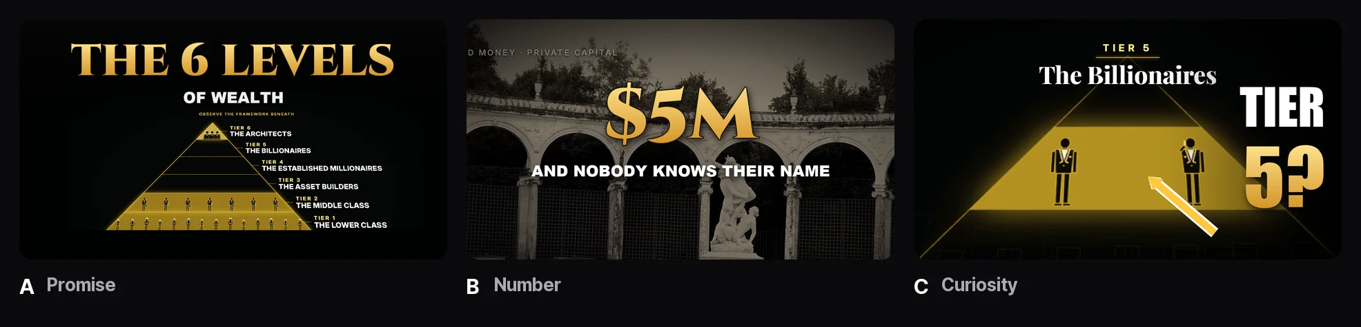 Noir finance documentary — three ideas in gold type